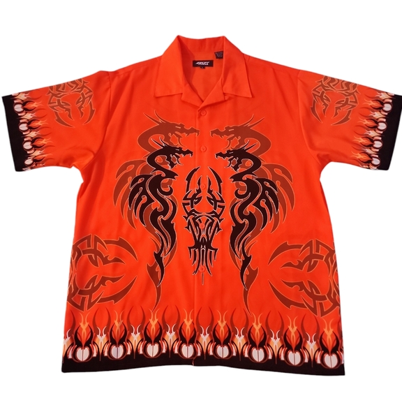 VTG Y2K‎ AOP Dragon Flame Baggy Short Sleeve Button Up Shirt Men’s Size: Large - Picture 1 of 8